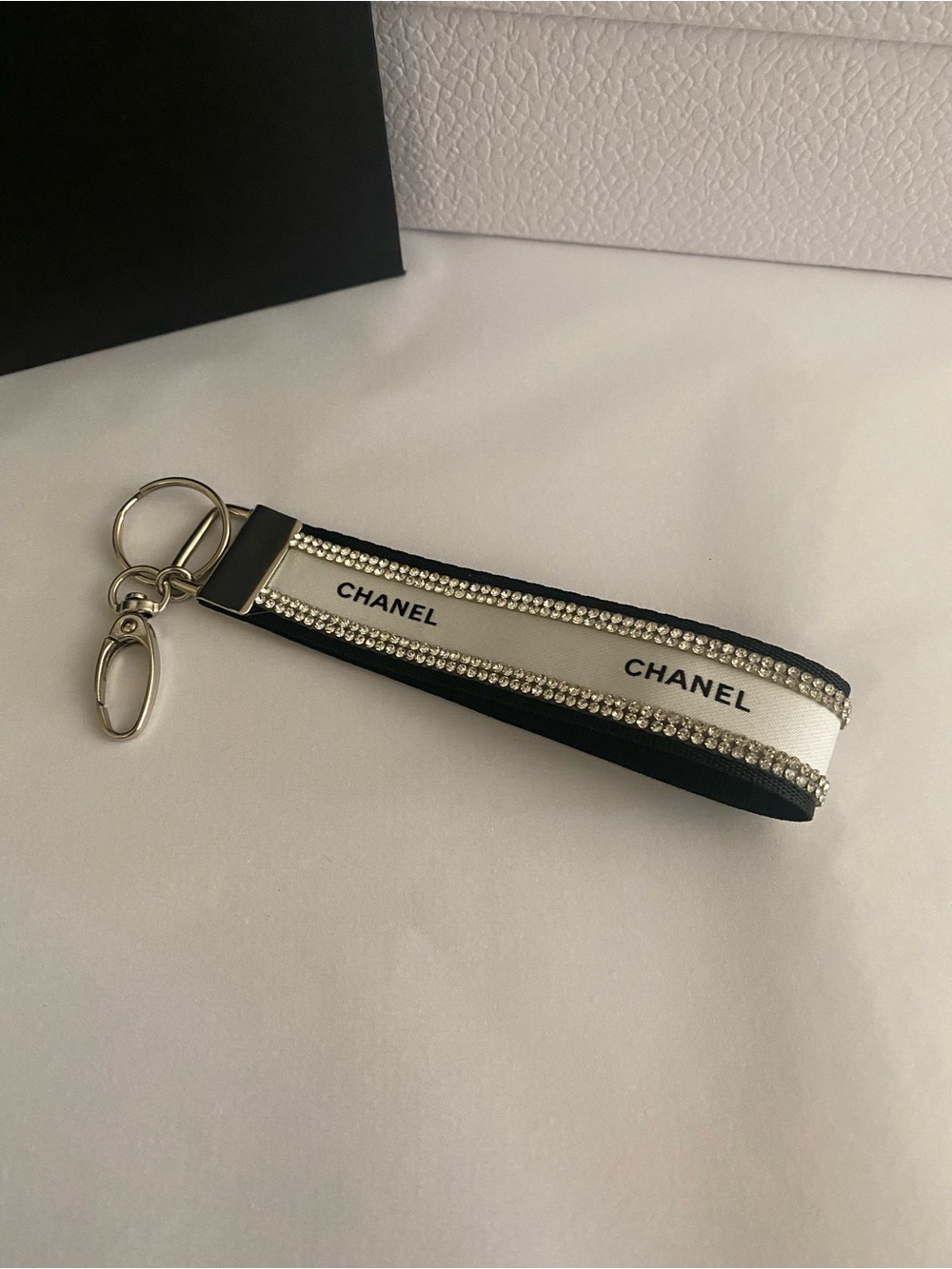 CHANEL Ribbon Black & White Crystal-Trim Ribbon Wrist Key Holder